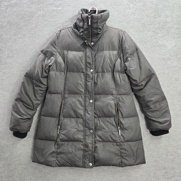 Michael Kors Women Jacket Medium Gray Down Puffer Full Zip Pocket Neck Pockets - Picture 1 of 11